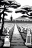 Placeholder: landscape, Japanese open air flat cemetery with thousand gravestones, high detail, manga style, grayscale