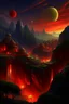Placeholder: View of an ancient walled city sitting in a valley as viewed from the rim of the valley, the city is lighted by torches placed along the walls with windows high upon the wall, One window has a scarlet cord draped out reaching the ground, the sky is dark and surrealistic with planets and moons on the horizon, the rim of the valley has armored soldiers laying in wait while 2 spies work their way down to the outside of the city wall where the scarlet cord hangs from the window above a cross