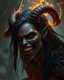 Placeholder: A female eldritch horror being, skin like obsidian with streaks of magma shining through, coal-black hair, rows of sharp white teeth, long flaming horns, greg rutkowski, intricate details, cave setting