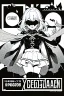 Placeholder: girl with demon mask in the middle of the room, line arts, manga cover, greyscale