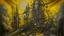 Placeholder: A surrealist painting depicts a complex, industrial-looking structure with various mechanical components and human bodies and faces integrated into the design. The color palette is dominated by shades of gray and yellow, with a gradient in the background suggesting a sunset or sunrise. The structure is composed of pipes, metal plates, and various mechanical parts, arranged in a seemingly chaotic yet deliberate manner. Several human bodies and faces with varying expressions are embedded in the st