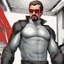 Placeholder: a young man with big muscles who looks like hans gruber wearing a turtleneck and red sunglasses staring with an angry look on his face