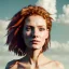 Placeholder: A beautiful portrait of a cyberpunk woman with lot's of grain on her skin red head with natural curly hair flying in the wind cyborg smiling facing camera orange color scheme, high key lighting, volumetric light high details with white stripes and feathers unreal 5, octane render, cinema4d, dynamic lighting, dramatic lighting, 4k, redshift render, highly detailed, hyper realistic