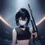 Placeholder: Clear focus,High resolution, black short fluffy hair, long fluffy bangs, and dark blue eyes, Depressed girl, wearing a black short shirt with a black sleeveless crop top, dark aura, controlling water, in a black room, holding a katana