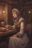 Placeholder: DnD style, medieval beautiful woman dressed in warm winter clothes sitting in a tavern