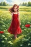 Placeholder: Adorable digital painting of a beautiful little girl in a gorgeous red dress smiling in a field surrounded by clover, high quality