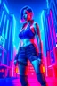 Placeholder: Fit cyberpunk woman with large bust and abs wearing shorts, full body, cyberpunk city background