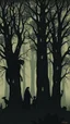 Placeholder: trees and black creatures with human figures