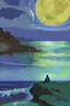 Placeholder: Imagine a painting in van gogh style “A man with blue raincoat sitting on the edge of a cliff by the ocean and looking at the moon”