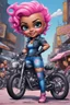 Placeholder: airbrush illustration of the chibi cartoon character, a voluptuous black female in a blue jean outfit with biker boots. Her prominent makeup and hazel eyes, along with her detailed pink pixie haircut, are featured in this image, set against the background of a lively bike show.