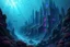 Placeholder: fantasy art of an evil underwater city with ruins deep in the ocean at the bottom of the sea. dark deep blue and violet city and coral reef