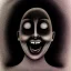 Placeholder: Silver on black paper portrait of female smiling face of migraine, face distorted with pain, reverse colors, screaming, tears streaming from eyes, colorless, glitchcore, dystopian, horror, ultra realist texture, intricate line drawing,