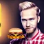 Placeholder:  portrait of blond pewdiepie with head band and golden watch, behind him another chef in front blurred dark wooden wall, tasty commercial burger, shiny fork and knifes on dinner table with cloth, fantasy art book cover