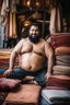 Placeholder: close up photography of a burly chubby strong 35-year-old arab in Istanbul bazaar, shirtless, selling carpets sitting on a pile of carpets, biig shoulders, manly chest, very hairy, side light, view from the ground