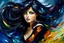 Placeholder: an irresistibly adorable image of a whimsical brunette woman creature with black hair and hazel eyes. Envision a charming being with fluffy, onyx-colored fur or hair that frames its endearing face. in the blowing wind Leonid Afremov