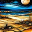 Placeholder: Alcohol ink art with thin black and gold lines at boundaries. Hyper realism, Fantasy, Surrealism, HD, Detailed. Centered. Shades of white, gold, tan, and deep blue. A beach with wild beach grass. Very large full moon on horizon. Reflection. Waves splashing. Seashell. The sky filled with the cosmic wonder of the Milkyway. Starlit night.