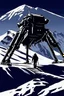 Placeholder: a minimalist silhouette of a sleek mechanical walker with eight legs scaling a very steep snow covered side of mout everest at night, it has a smooth surface, it has storage pods on its belly and humans can fit in the pods