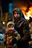 Placeholder: Palestinian girl wears Palestinian keffiyeh Carrying a nude small child ,at winter , Destroyed Buildings , with a Explosions, at night