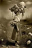 Placeholder: young woman, blouse and skirt, thin black bow under the neck of the blouse, huge bouquet of flowers on her head, full body, in a 16K wasteland, toned in sepia, estilo Bansky, profile view, the flowers cover his head