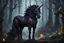 Placeholder: Dark Unicorn , smoky dark mane, big black crystal horn with ornaments , nightmarish forest