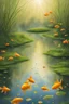 Placeholder: Spectral world. It's raining on a still pond in a gorgeous early spring setting. Raindrops hitting water. Each raindrop makes a tiny ripple as it hits the water. Many tiny ripples from each raindrop as it hits the water, all over the pond. Wonderfully delicate, calm and refreshing. Yellow greens of early spring. Metallic gold. Goldfish is jumping out of the water, waterlillys is glowing in purple colors.