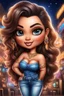 Placeholder: create an airbrush illustration of a chibi cartoon curvy polynesian female wearing Tight blue jeans and a peach off the shoulder blouse. Prominent make up with long lashes and hazel eyes. She is wearing brown feather earrings. Highly detailed long black shiny wavy hair that's flowing to the side. Background of a night club.