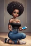 Placeholder: Create a furturism magna art of a black chibi curvy female sitting on the floor looking at her cell phone. She is wearing tight blue jeans and a black off the shoulder blouse. Prominent make up with lush lashes. Highly detailed tight curly afro. She is also wearing silver large hoop earringsart of a black chibi curvy female sitting on the floor looking at her cell phone. She is wearing tight blue jeans and a black off the shoulder blouse. Prominent make up with lush lashes.