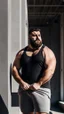 Placeholder: full figure photography of one strong chubby stocky italian man, 22 years old, in tank top and grey boxer, bulge, short beard, manly hairy, bullneck, with backpack, near a modern building, relaxed eyes, crossed arms, hyper-realistic, photographic, natural colours, 8K, three quarter view