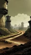 Placeholder: comic book style zombie apocalypse fortified bunker. Tall walls with military watchtowers, barbed wire fences. Post apocalyptic city setting. Road leading up to it. Night, rain