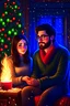 Placeholder: Fire place Christmas scene, dark haired couple, man with short black beard and glasses, woman with long hair, blue eyes, young couple, graphic