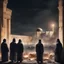 Placeholder: Hyper Realistic Arab leaders watching destroyed Al-Aqsa mosque at night