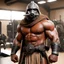 Placeholder: over muscular Tusken Raider with gigantic biceps with veins in the training room