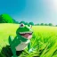 Placeholder: A green frog smiling with a big light blue hat on, wearing blue work overalls, skipping and dancing around in a field during a sunny day. Bokeh, fisheye.