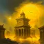Placeholder: A yellow glowing ruins with clocks in a thunderstorm painted by Qiu Ying