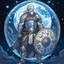 Placeholder: Please create an image for a 30-year old aasimar male with silver hair and a short, square beard and blue eyes. He is standing outside in the moonlight wearing plate armor and wielding a shield and a Thor-style hammer. His equipment is adorned in multiple places with crescent moons and stars