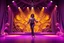 Placeholder: modern stage with gray-dark yellow violet theme artistic decoration , color full dynamic lighting, a beautiful lady in pants and blouse with shining silver jewels dancing, 3D recursive fractal structure animating background