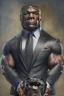 Placeholder: Bodybuilder Lee Haney with the face of a Rottweiler dog A dog's head instead of a person's head Only the player's body with a bulldog head on it He wears a luxurious black suit and holds a luxurious cigar The suit covers the body. In the mouth of the dog there is a luxurious cigar