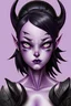 Placeholder: girl tiefling purple skinned; black horns; left horn is broken; black short hair. dark black eyes