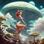 Placeholder: slim Sci-fi pin-up girl on an alien planet of cloud trees