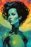 Placeholder: create an imaginative amorphous female extraterrestrial cybernetic time traveler with finely detailed facial features, sinuous tentacle hair, at the helm of an interstellar jumpship , in the comic book art style of Bill Sienkiewicz, Mike Mignola, and Jean Giraud Moebius, finely textured, drawn, colored, and inked