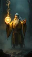 Placeholder: dwarven priest expert holding up a radiant Painite crystal rosette ball shooting radiant light through the fog