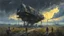 Placeholder: It comes at night, science fiction painting, Denis Sarazhin, Alejandro Burdisio, Romain Trystram, Simon Stalenhag, ominous sky