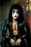 Placeholder: text 'KISS' - head and shoulders portrait, KISS 20-year-old Paul Stanley, Black star on right eye, Chest and stomach hair, black spandex and leather, 8-inch high platform boots, - a multicolored cement wall in the background,