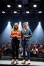 Placeholder: Norwegian Identical teenage twins celebrites, same sex gender standing on a stage with holding their hands, lot of photographers, flashing lights, identical twins with same sex gender