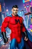 Placeholder: An extremely muscular, athletic man with a short, black hair, blue eyes, goatee, wearing a bright red, textured formfitting bodysuit, wearing blue trunks on the outside of the bodysuit, a black leather, knee-high black leather boots, black wrist gauntlets, blue cape, with a black Capital letter "M" on the chest, posing against a futuristic cityscape, Neon-lit, Extremely colorful, Flying cars
