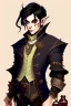 Placeholder: Young tiefling nobleman alchemist with black hair horns and large reptilian tail steampunk jewelry and potion bottles in the style of Charles Addams