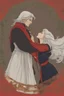 Placeholder: Couple from dnd passionate kissing, woman with white hair wearing a dress, man with long black hair tunic and red cloak.