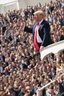 Placeholder: donald trump standing on a balcony with hundreds of people below kneeling