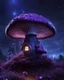 Placeholder: A solitary floating mushroom house on a clear night. silver and purple and blue, Dark cosmic interstellar. Detailed Matte Painting, deep color, fantastical, intricate detail, splash screen, hyperdetailed, insane depth, concept art, 8k resolution, trending on Artstation, Unreal Engine 5, color depth, backlit, splash art, dramatic, High Quality Whimsical Fun Imaginative Bubbly, perfect composition