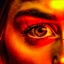 Placeholder: a woman's eye reflecting candlelight, warm orange/red colours, sadness, photo quality